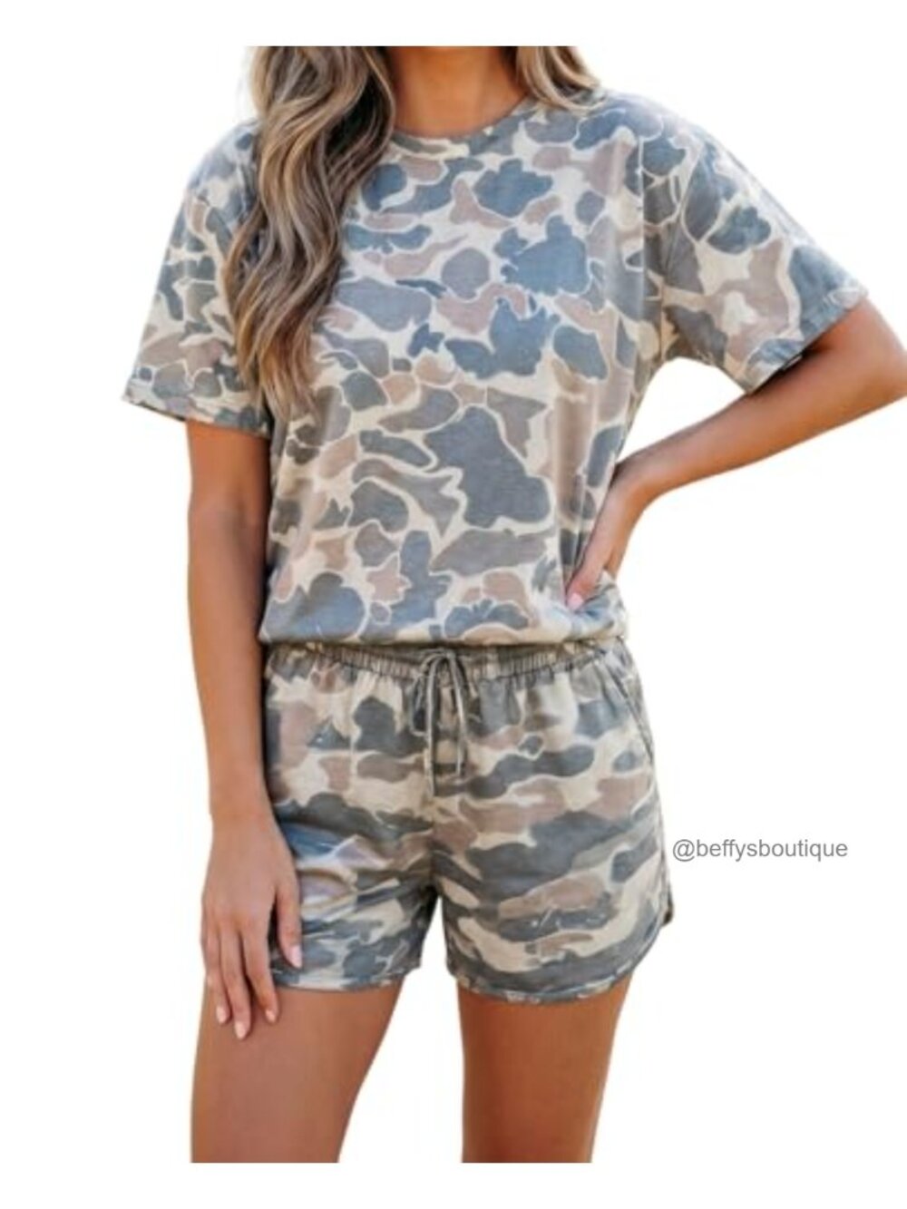 Women's Camo Print 2-Piece Short Set Loose Tee Drawstring Shorts Lounge